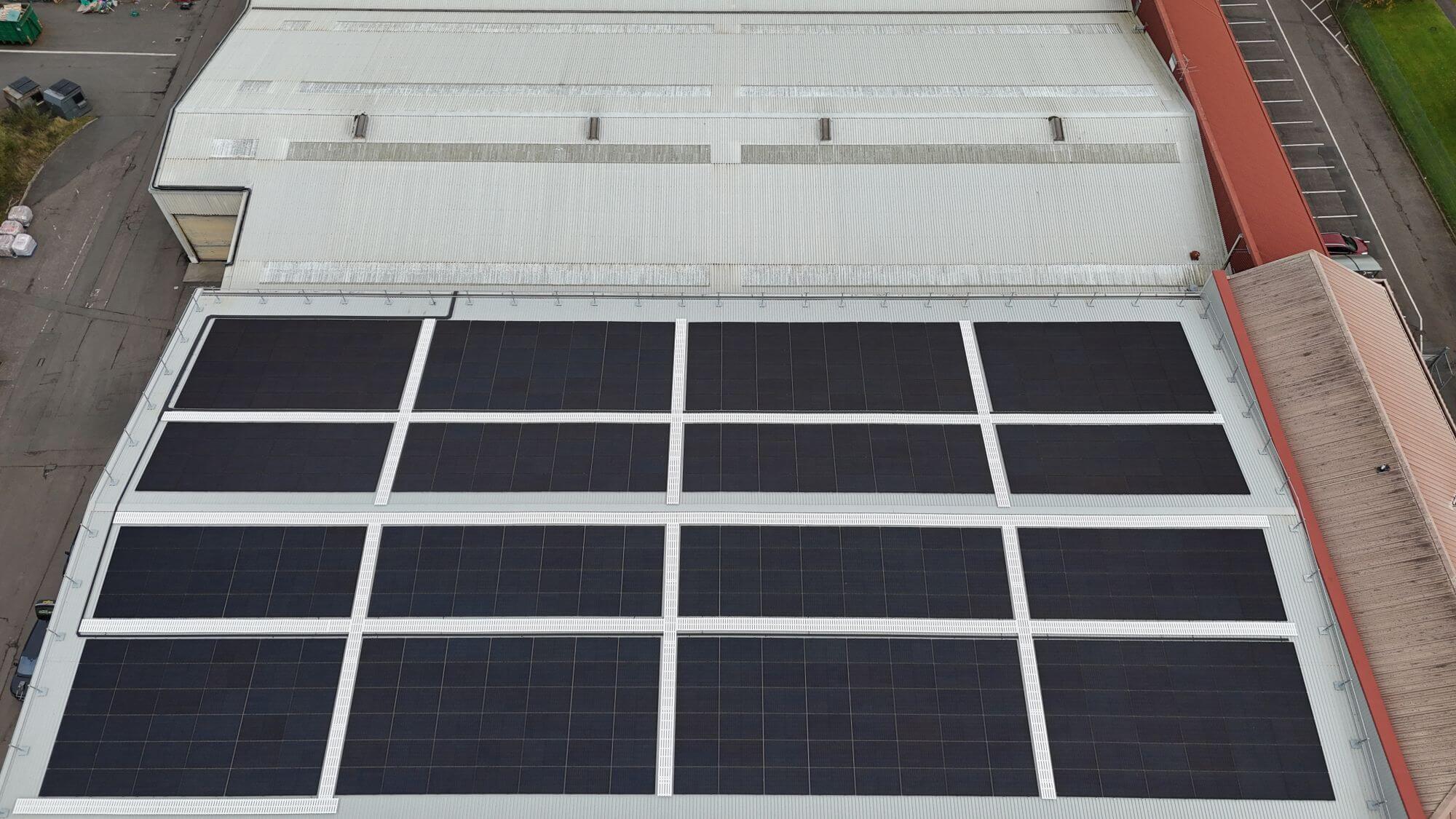 Close up view of commercial solar installation in East Kilbride